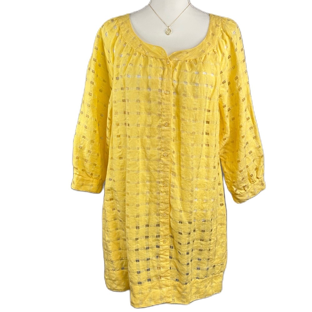 Chicos Linen Tunic Top Size 3 (XL) Yellow Gingham Shimmer Semi Sheer Cottagecore